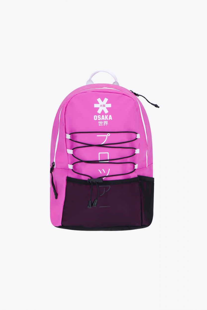 Osaka pro tour compact backpack in pink with logo in white. Front view