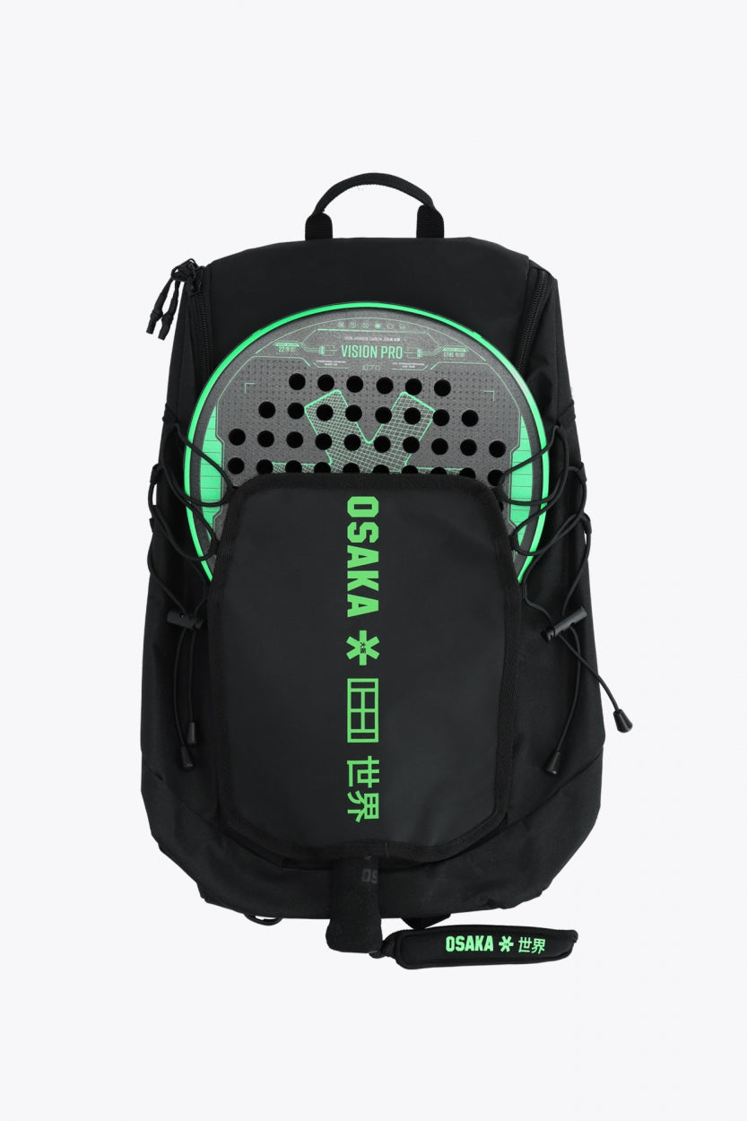 Osaka vision padel backpack in black with logo in green. Front view with padel racket in holder
