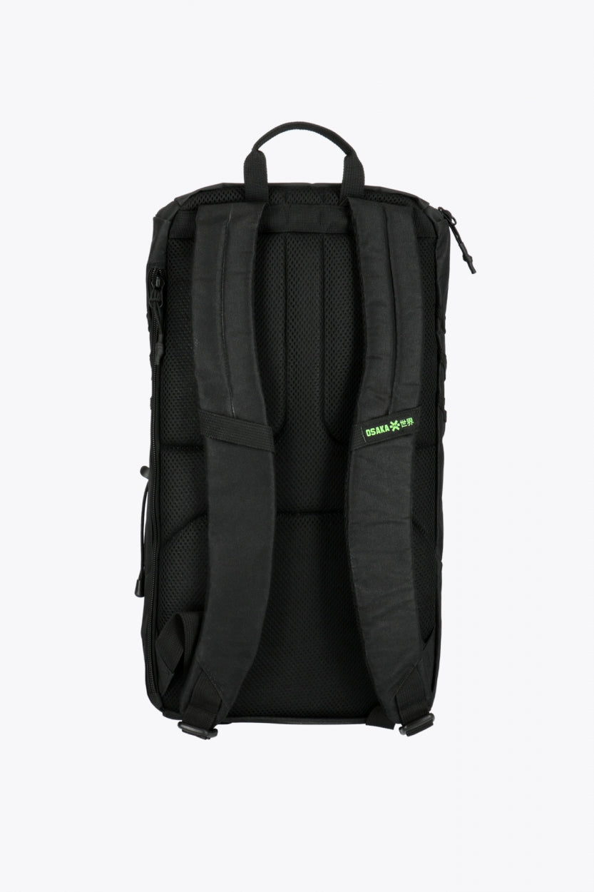 Osaka vision padel backpack in black with logo in green. Back view