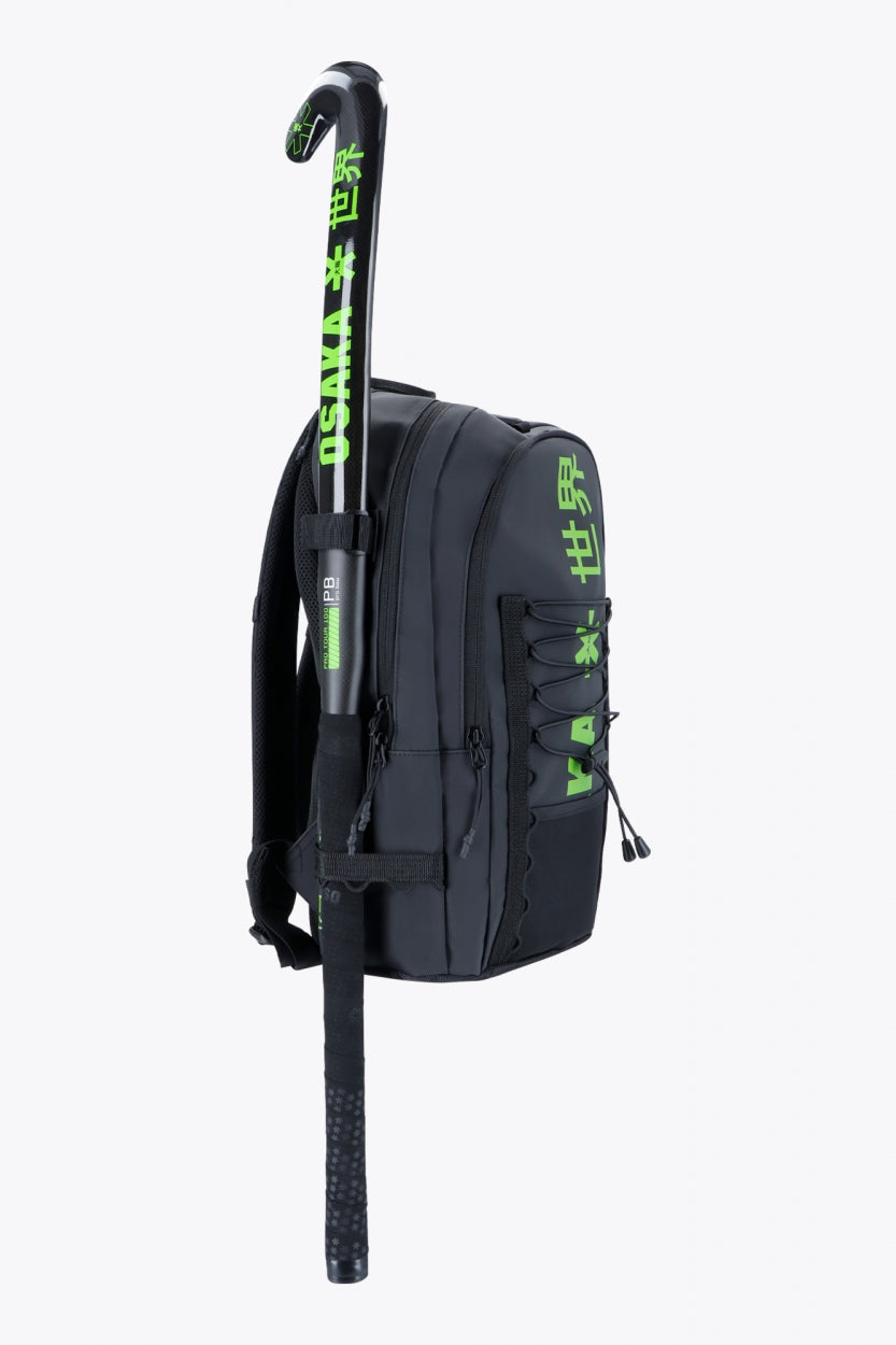 Osaka Pro Tour backpack in black with logo in green. Side view