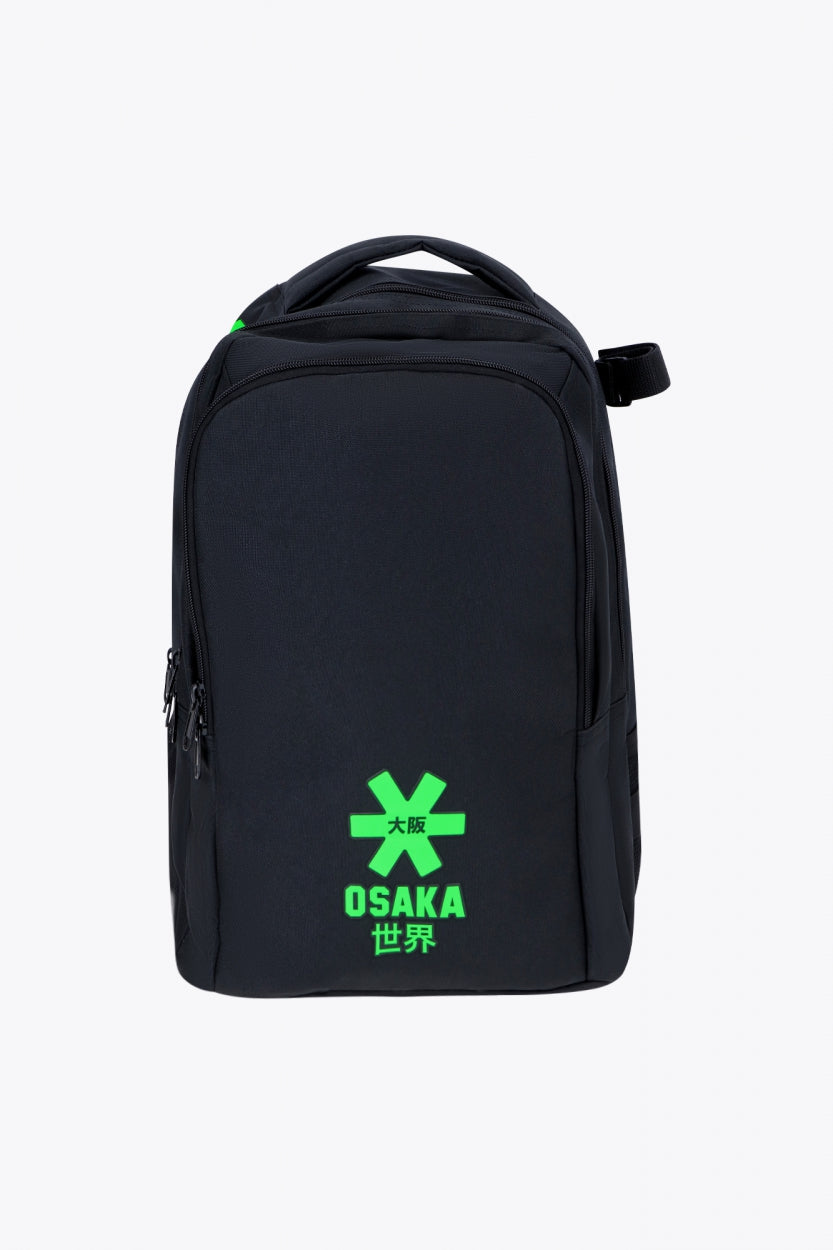 Osaka sports backpack in black with logo in green. Front view