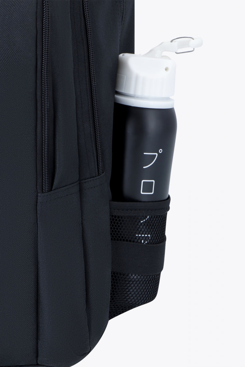 Osaka sports backpack in black with logo in green. Detail water bottle holder view