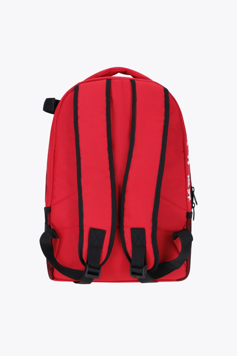 Osaka sports backpack in red with logo in white. Back view