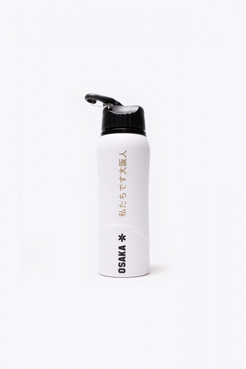 Osaka Kuro aluminium water bottle in white with logo in black. Back view