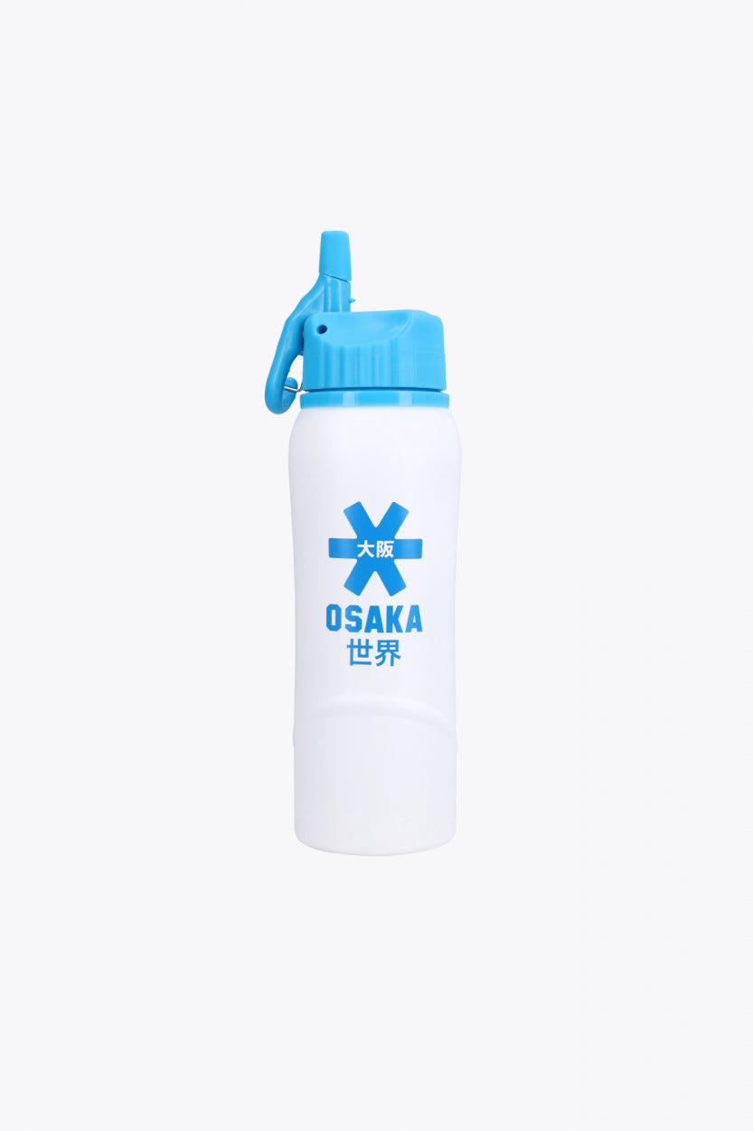Osaka Kuro aluminium water bottle in white with logo in blue. Front view