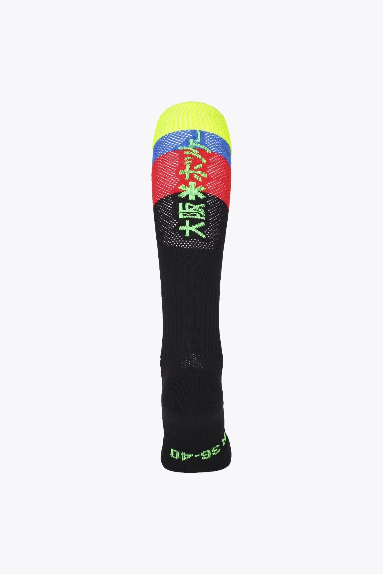 Osaka Field Hockey Socks fluo yellow, red and blue with Osaka logo in green. Back view
