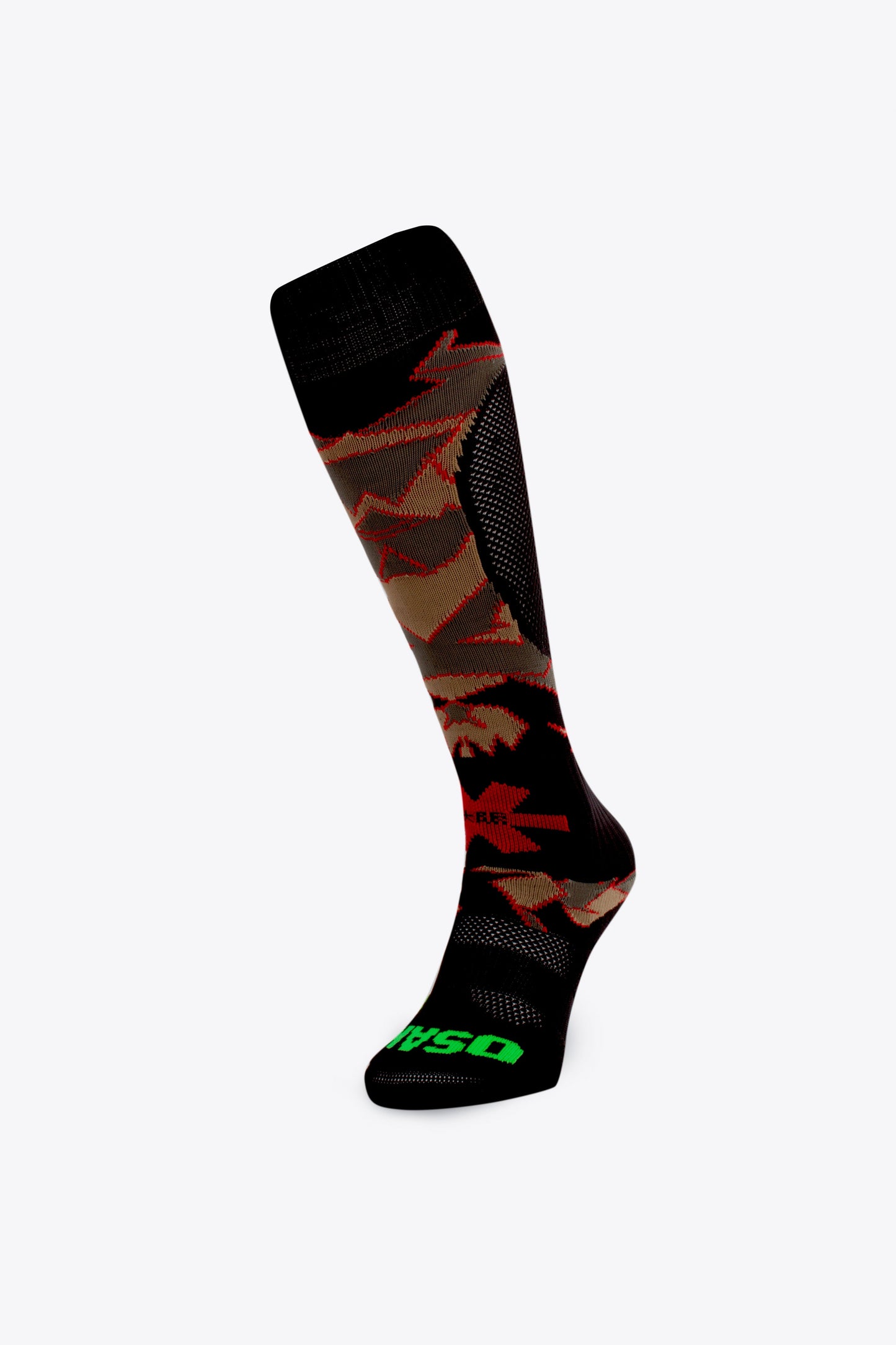 Osaka Field Hockey Socks camouflage red with Osaka logo in green. Front view