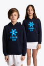 Boy and girl wearing the Osaka kids hoodie in navy with blue star logo. Front view