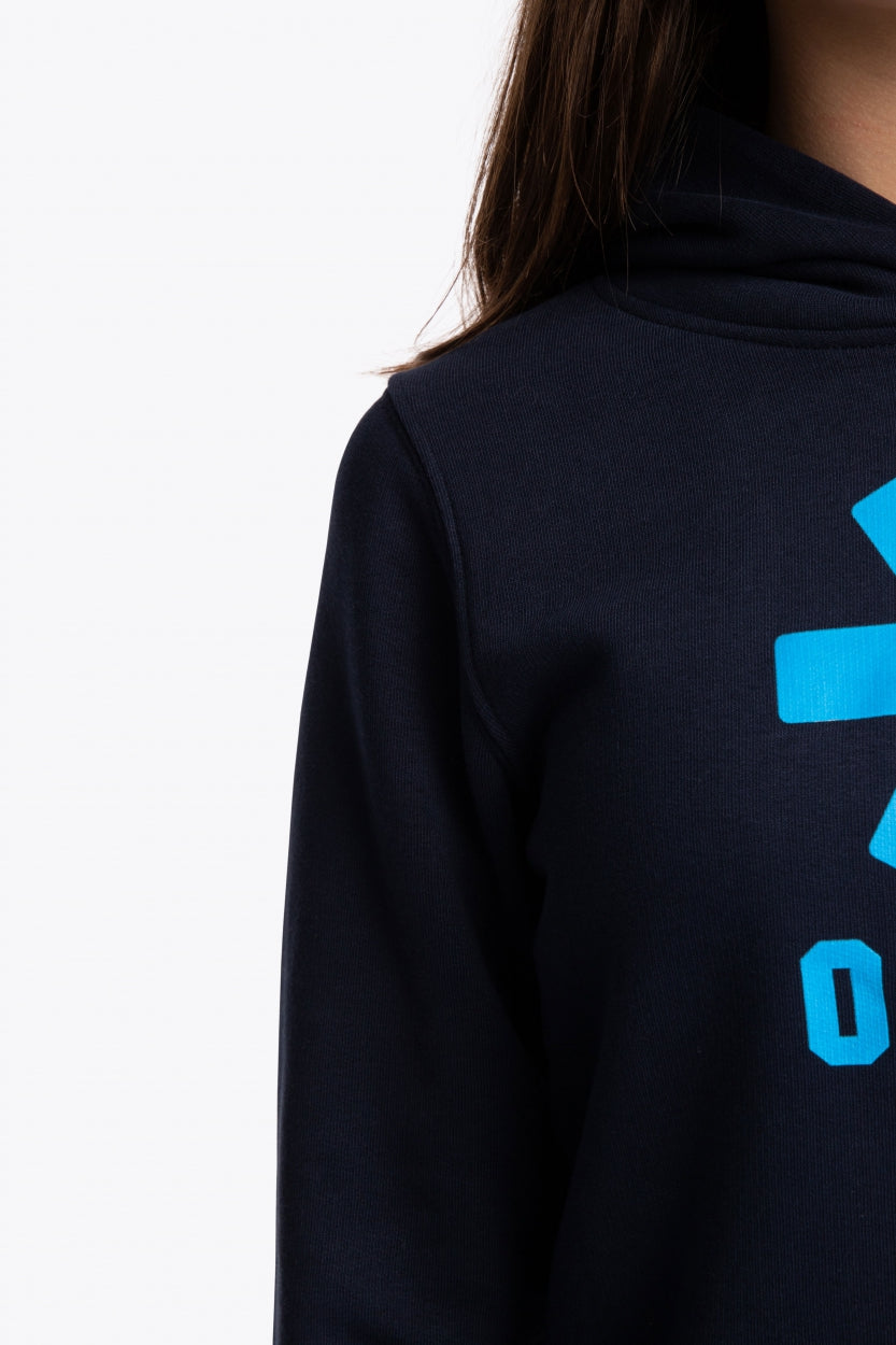 Osaka kids hoodie in navy with blue star logo. Detail view shoulder