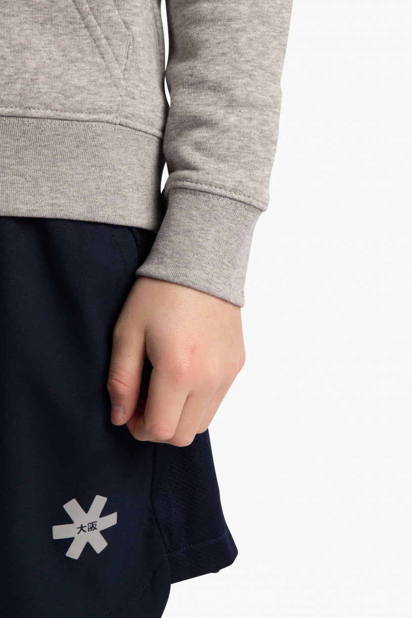 Osaka kids hoodie in grey with blue star logo. Detail sleeve view