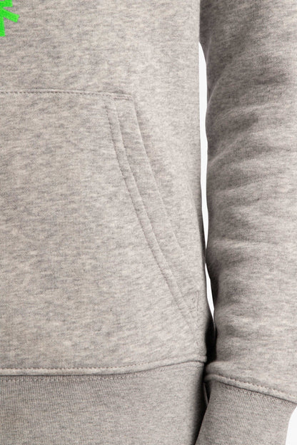 Osaka kids hoodie in grey with green star logo. Detail sleeve and pocket view