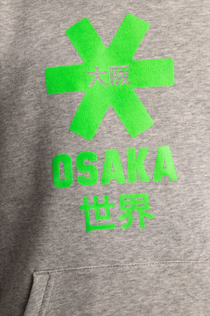 Osaka kids hoodie in grey with green star logo. Detail logo view