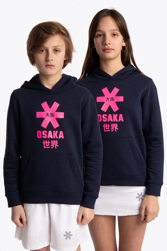 Boy and girl wearing the Osaka kids hoodie in navy with pink star logo. Front view