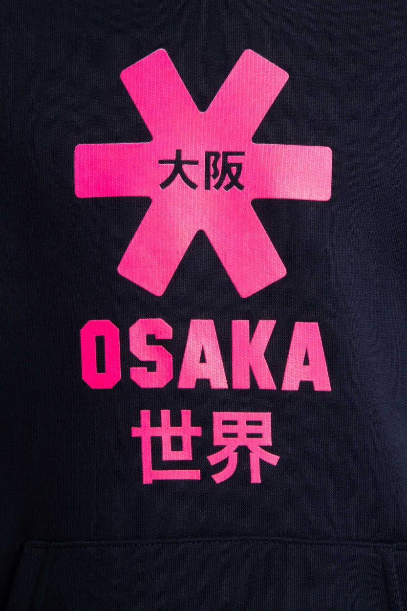 Osaka kids hoodie in navy with pink star logo. Detail view logo