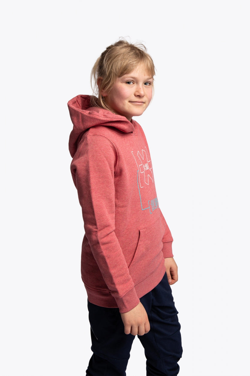 Girl wearing the Osaka kids trace hoodie in cranberry with logo in white and blue. Side/front view