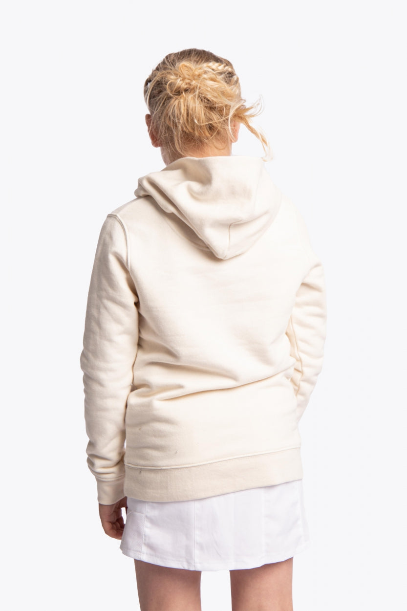 Girl wearing the Osaka kids vintage hoodie in natural raw with logo in blue. Back view
