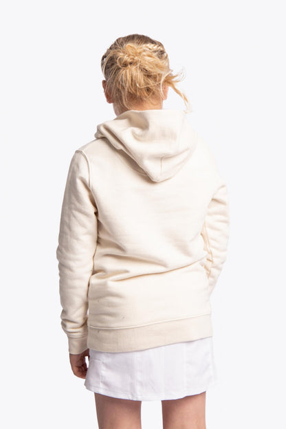 Girl wearing the Osaka kids vintage hoodie in natural raw with logo in blue. Back view