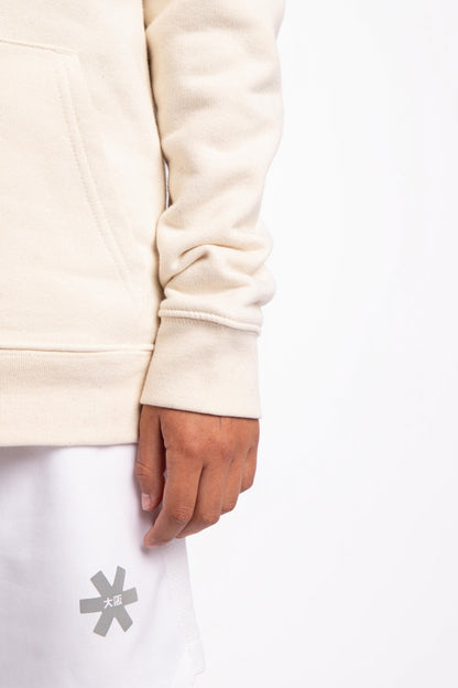 Osaka kids vintage hoodie in natural raw with logo in blue. Detail view sleeve