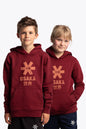 Boy and girl wearing the Osaka kids vintage hoodie in burgundy with logo in orange. Front view