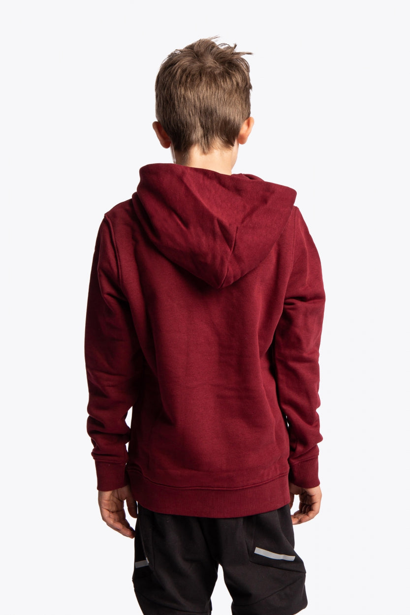 Boy wearing the Osaka kids vintage hoodie in burgundy with logo in orange. Back view