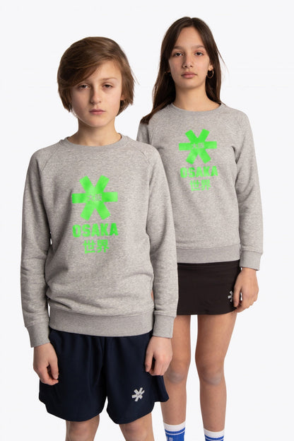 Boy and girl wearing the Osaka kids sweater in grey with logo in green. Front view