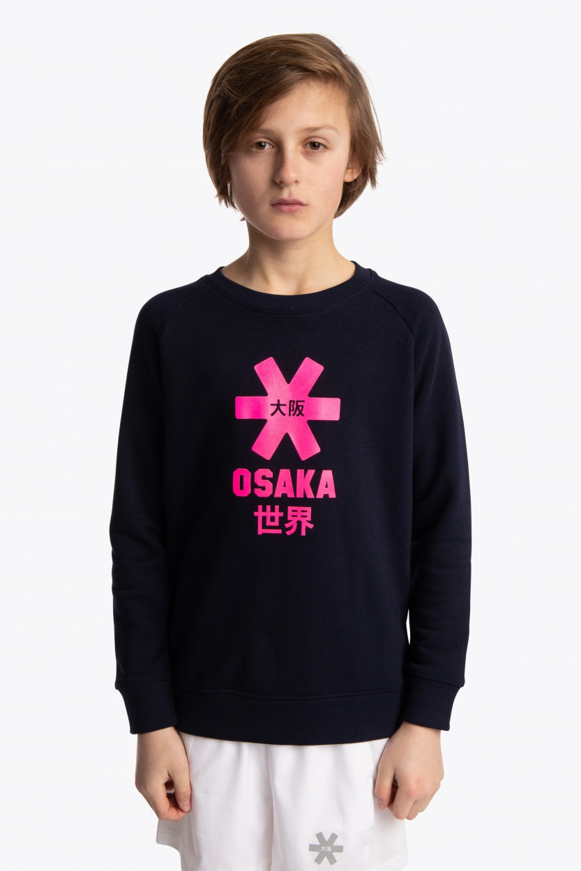 Boy wearing the Osaka kids sweater in navy with pink logo. Front view