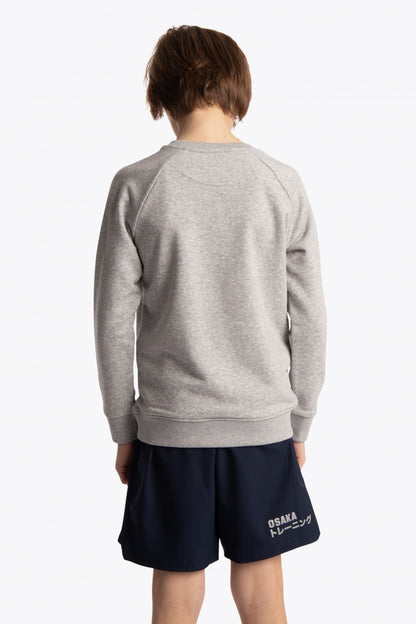 Boy wearing the Osaka kids sweater in grey with pink logo. Back view