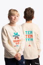 Boy and girl wearing the Osaka kids pixo sweater in natural raw with orange and blue logo. Front and back view