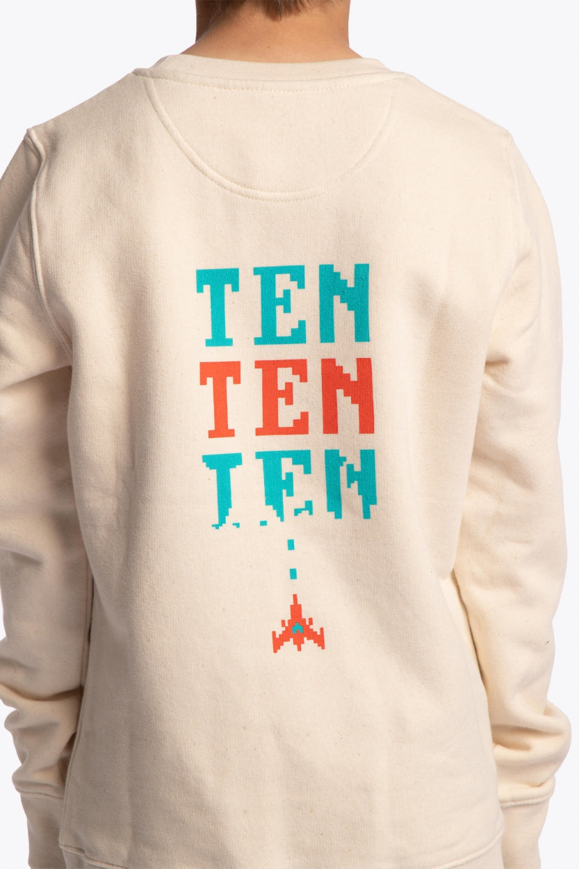 Osaka kids pixo sweater in natural raw with orange and blue logo. Detail view back