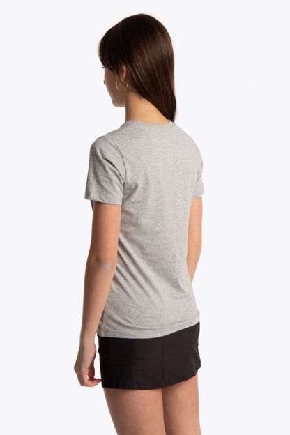 Girl wearing the Osaka kids tee short sleeve grey with logo in blue. Side/back view