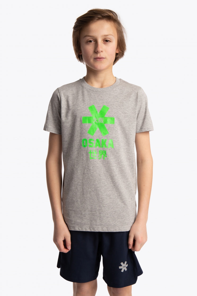 Boy wearing the Osaka kids tee short sleeve grey with logo in green. Front view