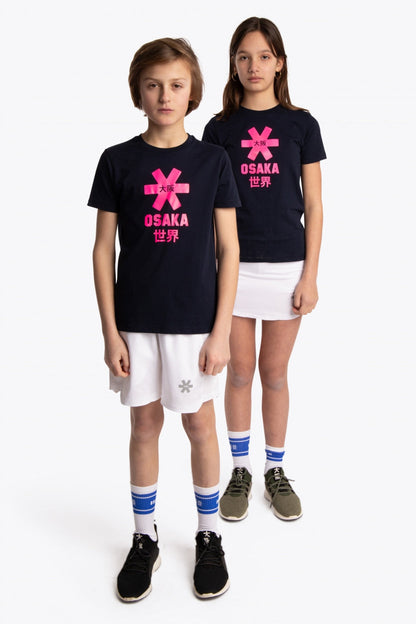 Boy and girl wearing the Osaka kids tee short sleeve navy with logo in pink. Front full view