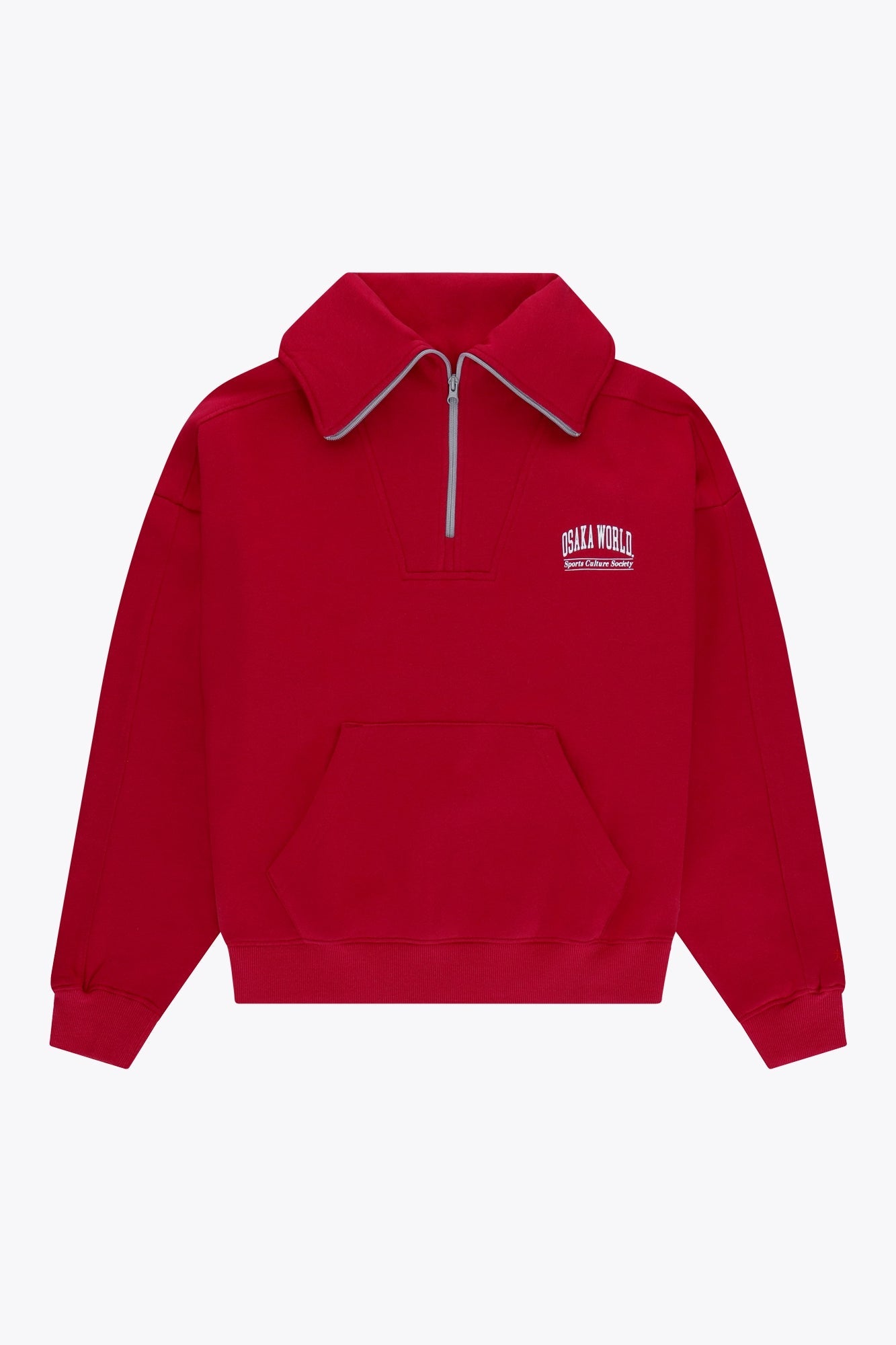 Osaka women half zip sweater in red with white logo. Front flatlay view