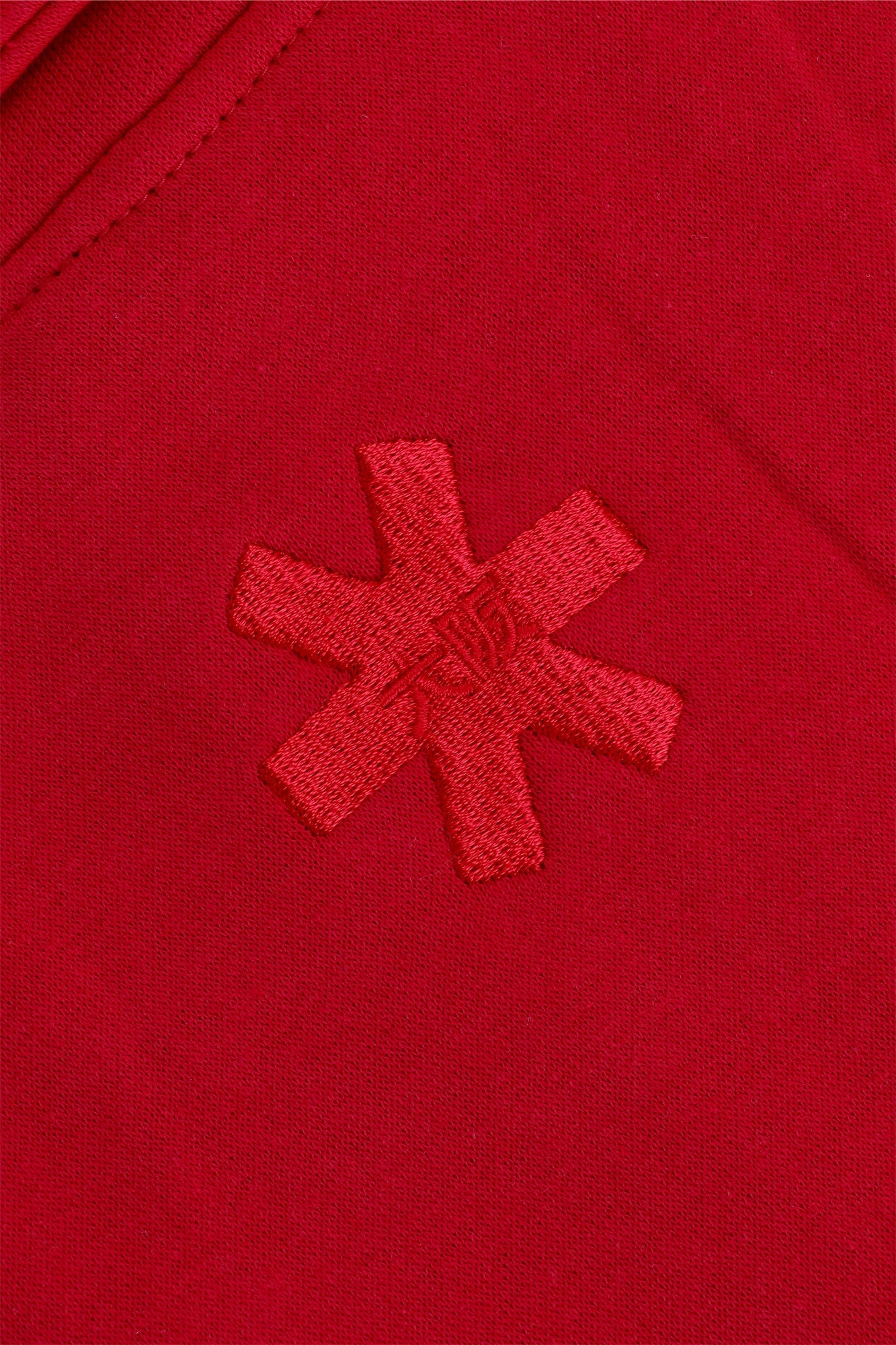 Osaka women half zip sweater in red with white logo. Back detail logo view