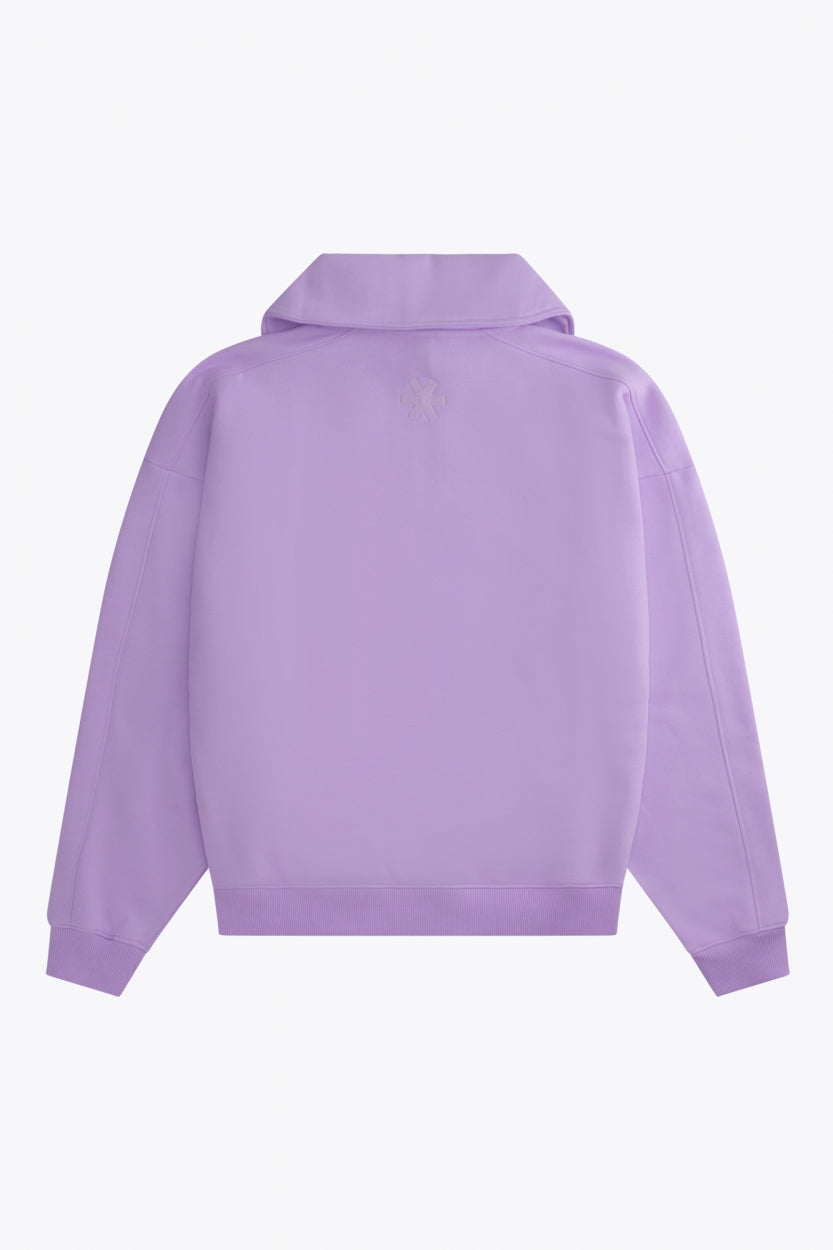 Osaka women half zip sweater in light purple with white logo. Back flatlay view