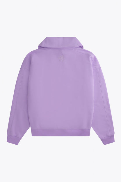 Osaka women half zip sweater in light purple with white logo. Back flatlay view