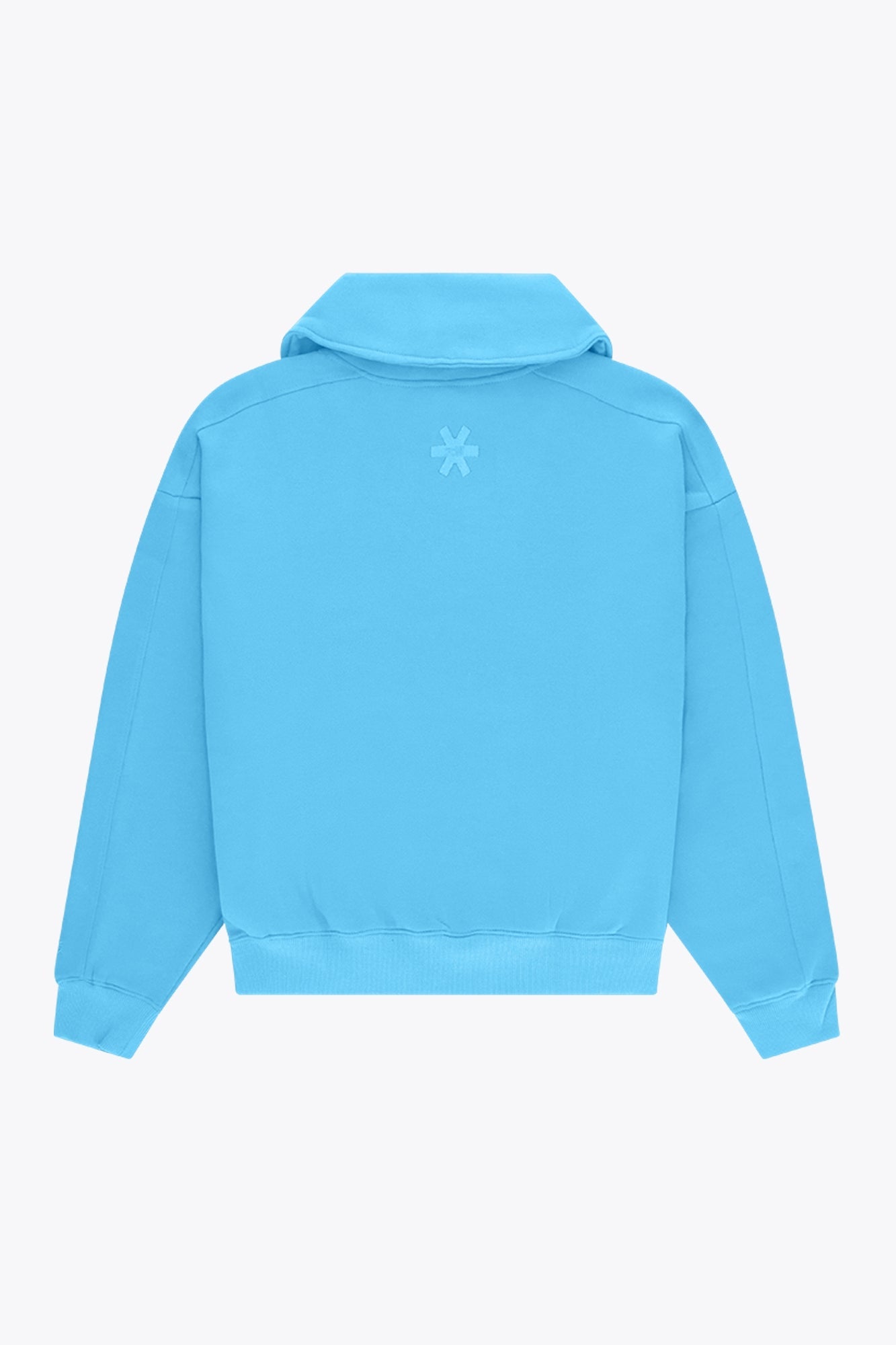Osaka women half zip sweater in light blue with white logo. Back flatlay view