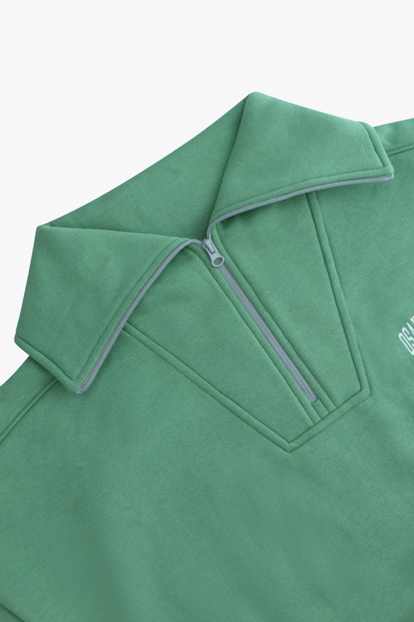 Osaka women half zip sweater green. Front detail flatlay view neck