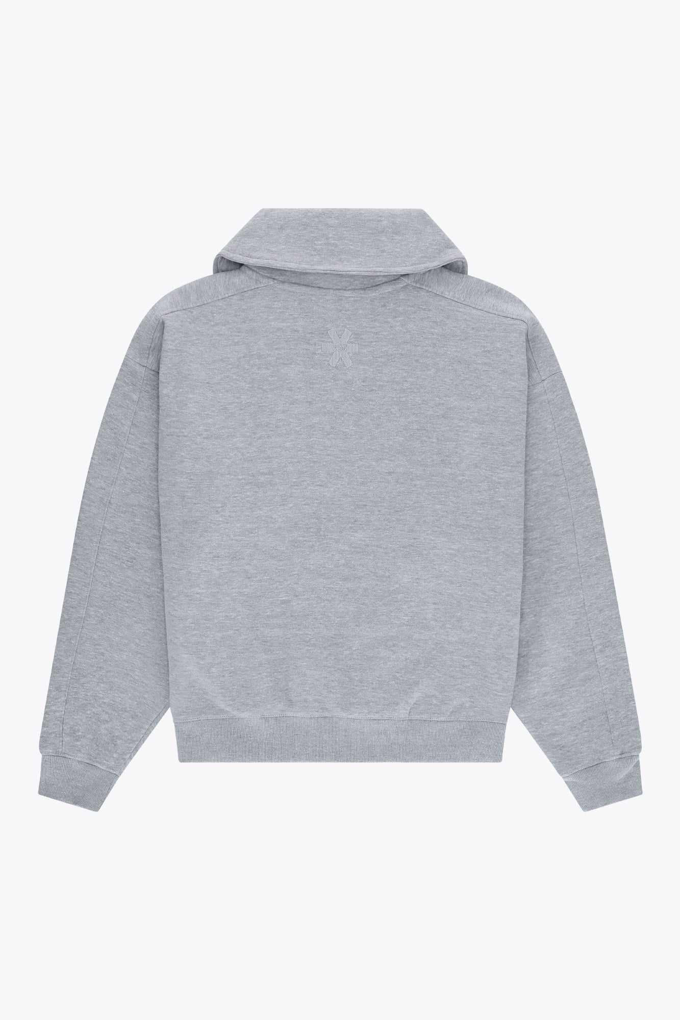 Osaka women half zip sweater in heather grey with white logo. Back flatlay view