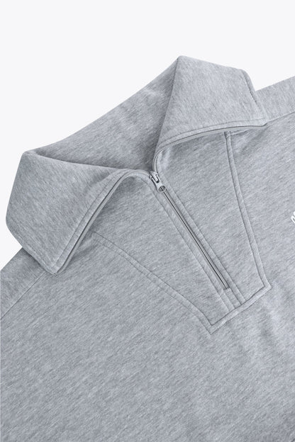 Osaka women half zip sweater in heather grey with white logo. Front detail flatlay neck view