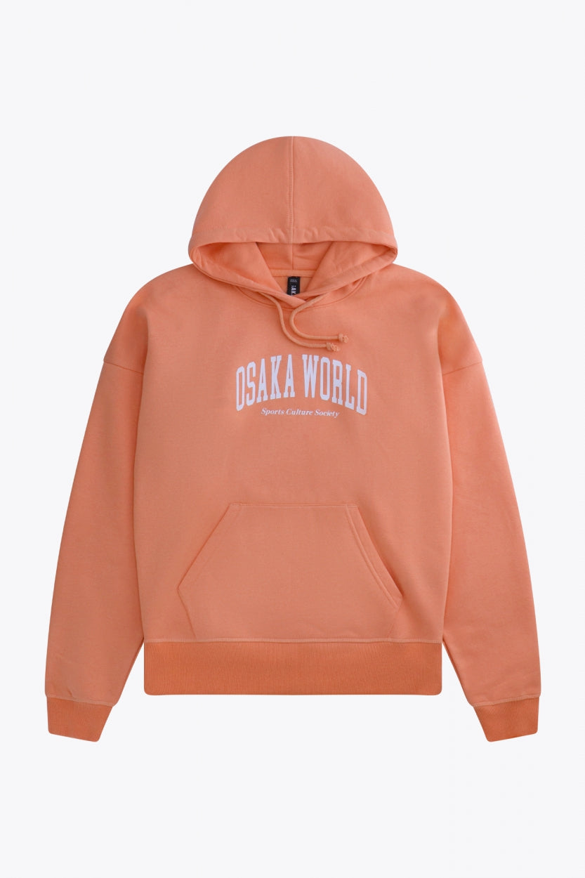 Osaka women hoodie in peach with white logo. Front flatlay view