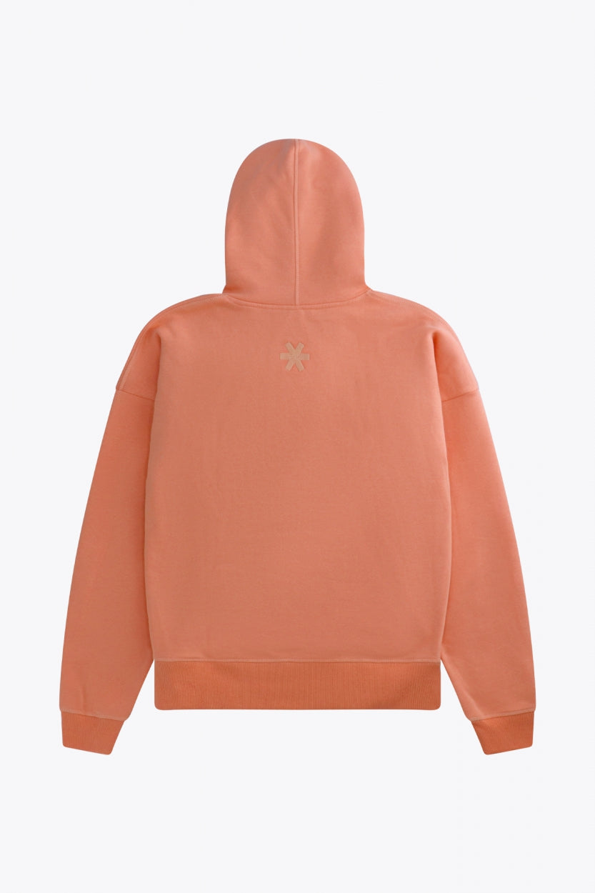 Osaka women hoodie in peach with white logo. Back flatlay view