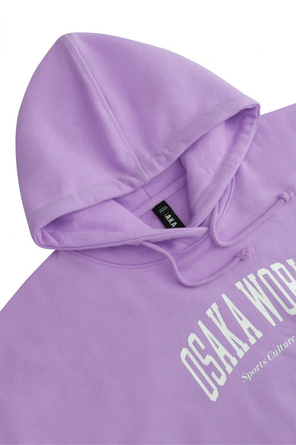 Osaka women hoodie in light purple with white logo. Front flatlay detail cap view