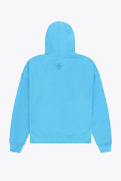 Osaka women hoodie in light blue with white logo. Back flatlay view