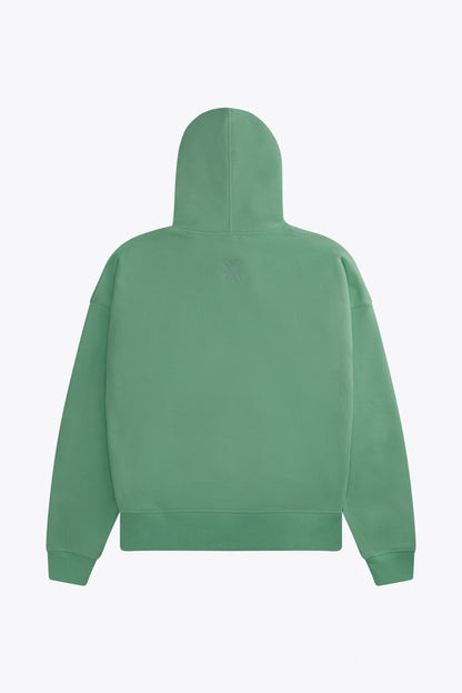 Osaka women hoodie in green with white logo. Back flatlay view