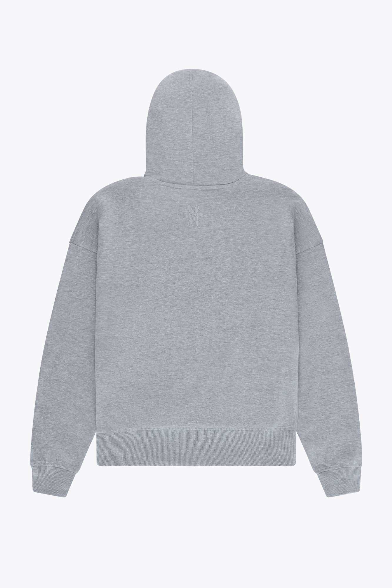 Osaka women hoodie in heather grey with white logo. Back flatlay view