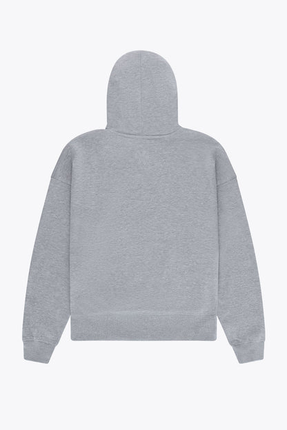 Osaka women hoodie in heather grey with white logo. Back flatlay view