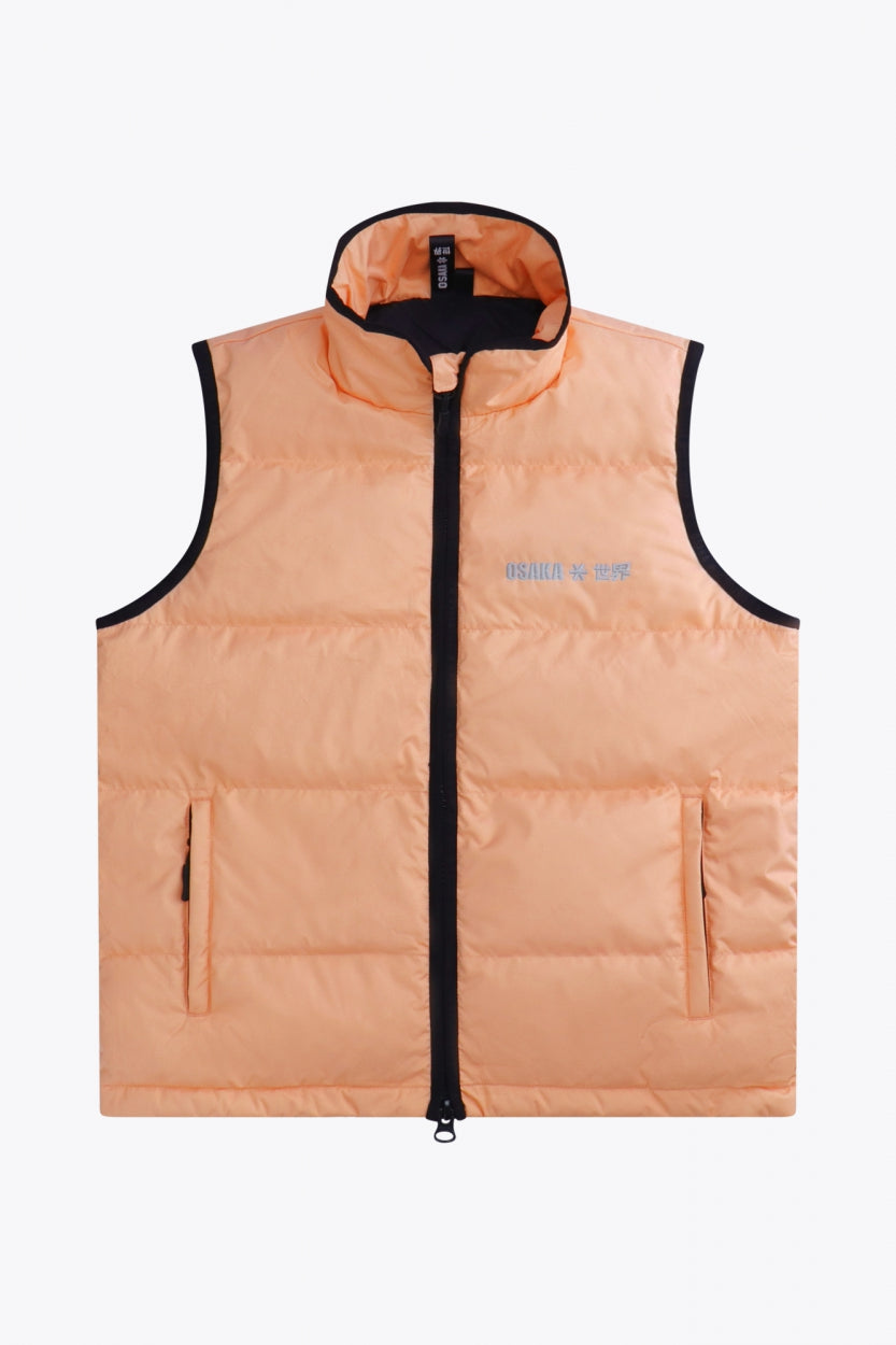 Osaka women padded gilet in peach with grey logo. Front flatlay view