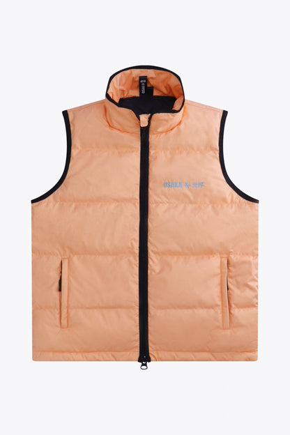 Osaka women padded gilet in peach with grey logo. Front flatlay view