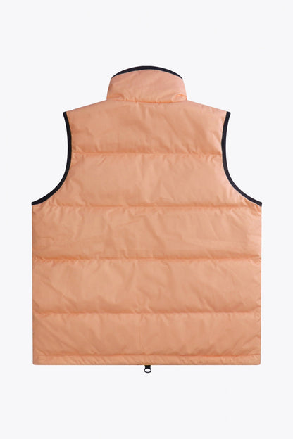 Osaka women padded gilet in peach with grey logo. Back flatlay view